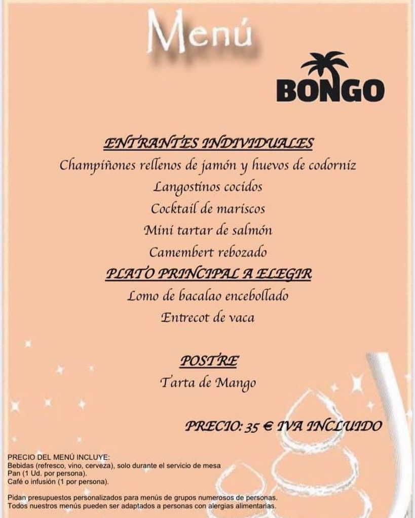 Menú Bongo Chiringuito Bongo Playa